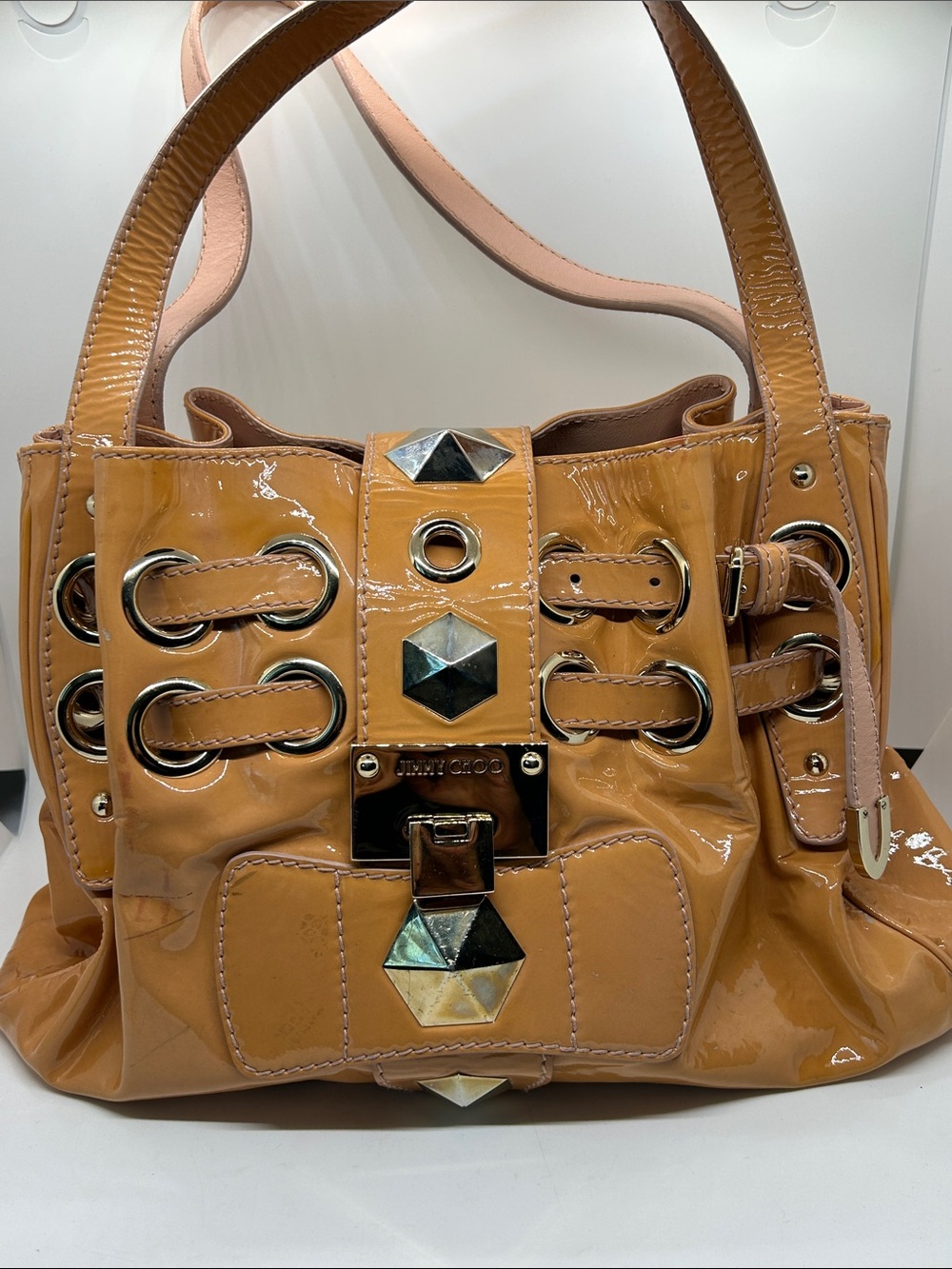 Jimmy Choo Ramona Tan Leather Metal Studded Hobo Shoulder Bag Purse 🔥🔥